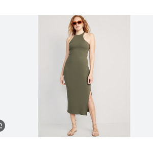 Fitted Olive Green Sleeveless Rib-Knit Midi Dress